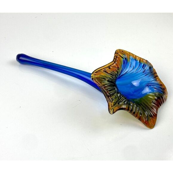 Hand Blown Art Glass Blossum Holder Cobalt Blue Orange Lay Down Flower Vase DW18 - Picture 2 of 7